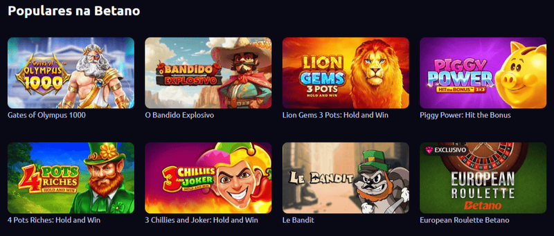 

Jogos populares do Betano, incluindo Gates of Olympus, Bandido Explosivo e European Roulette

